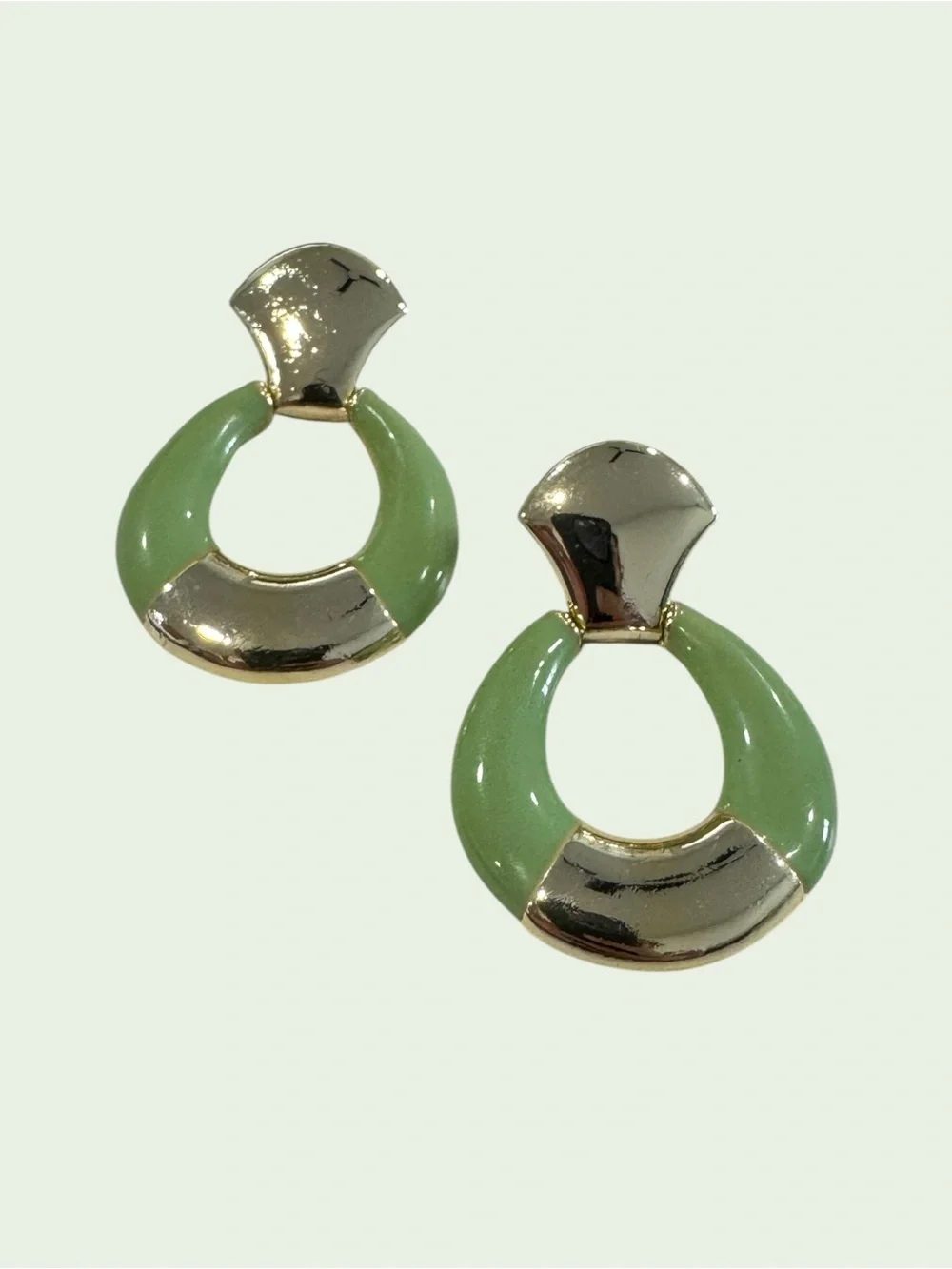 Retro Mint Green Enamel Gold Tone Earrings, 80’s inspired, geometric